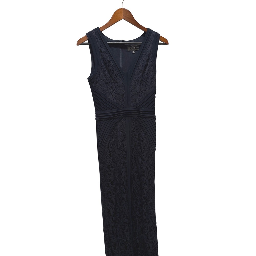 Betsy &‎ Adam Navy Blue Lace Pleated V Neck Sleeveless Gown Dress Size 4